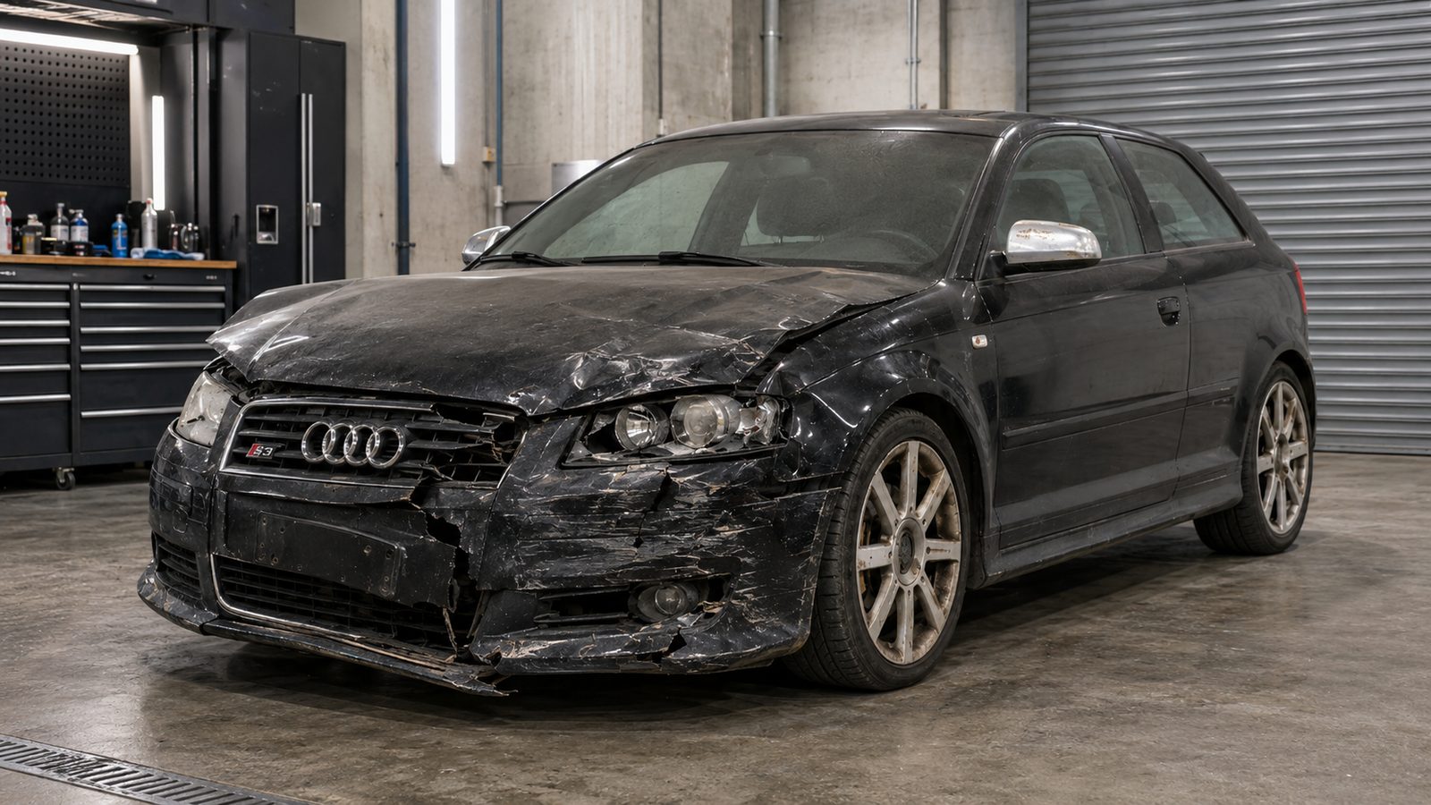 Audi S3 with front-end accident damage before repair at ARS Al Quoz